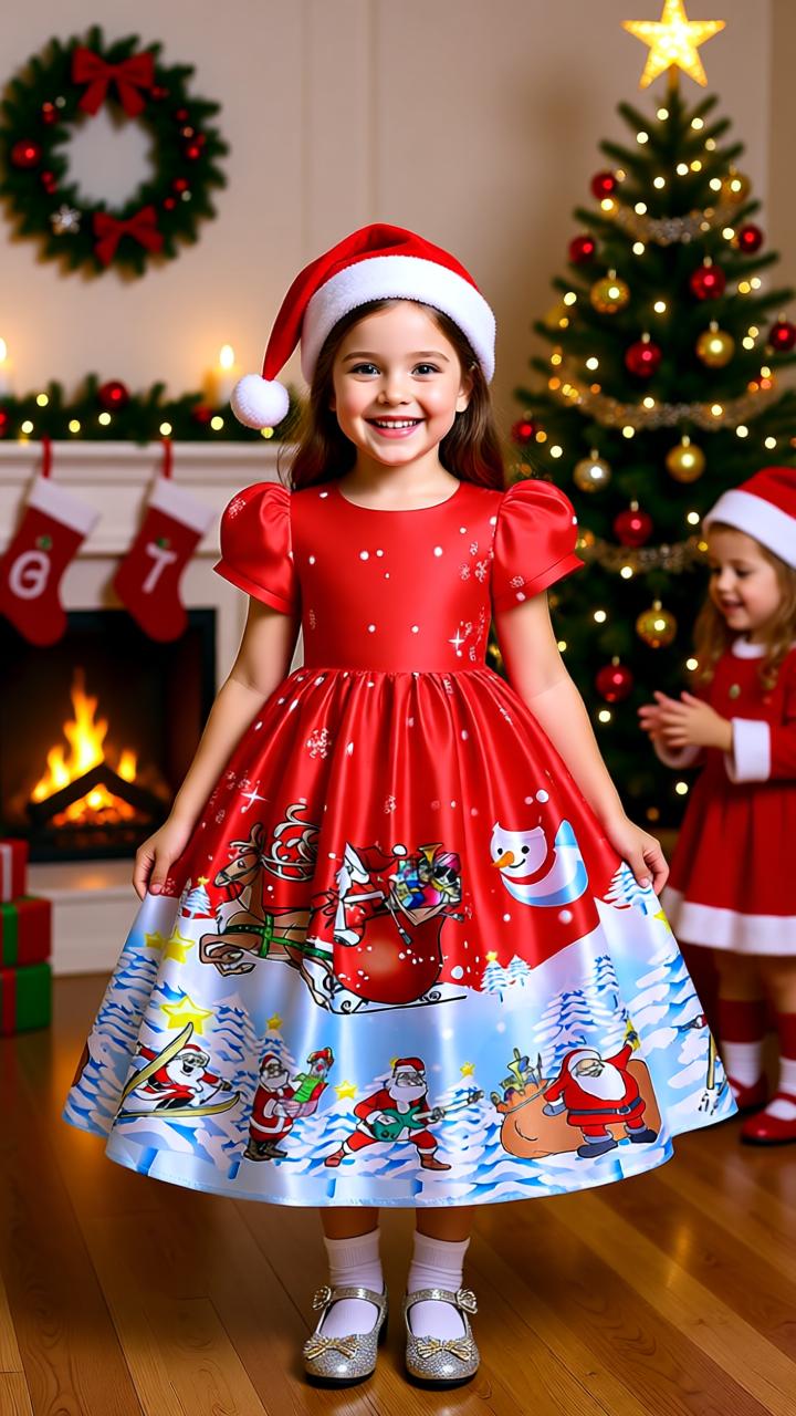 Santa Claus Print Long Dress for Girls - Holiday Charm in Every Detail