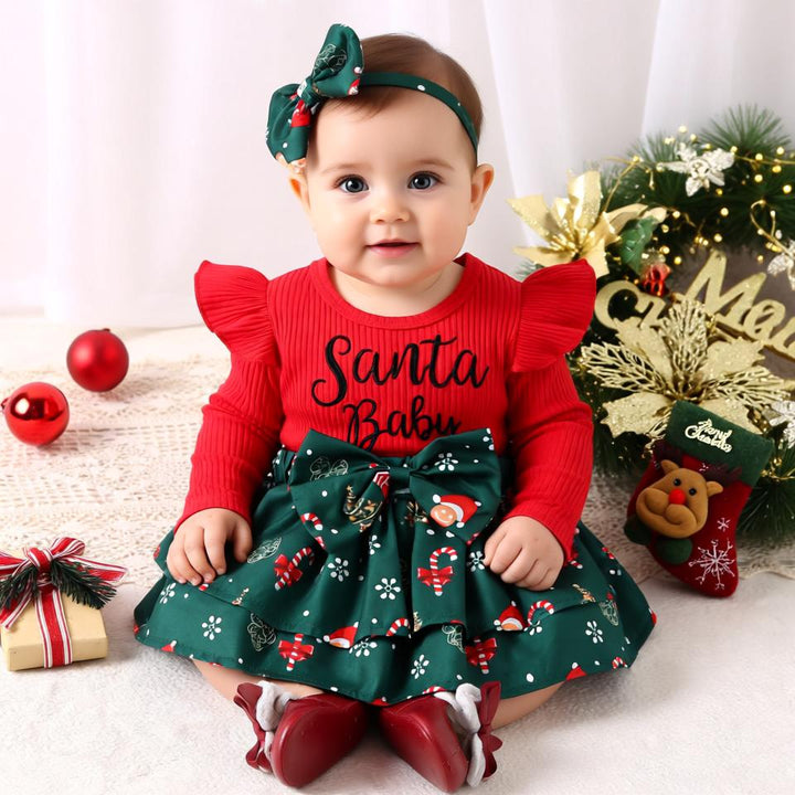 Baby Girls' Santa Baby Romper with Festive Skirt and Bow Headband - Adorable Christmas Outfit
