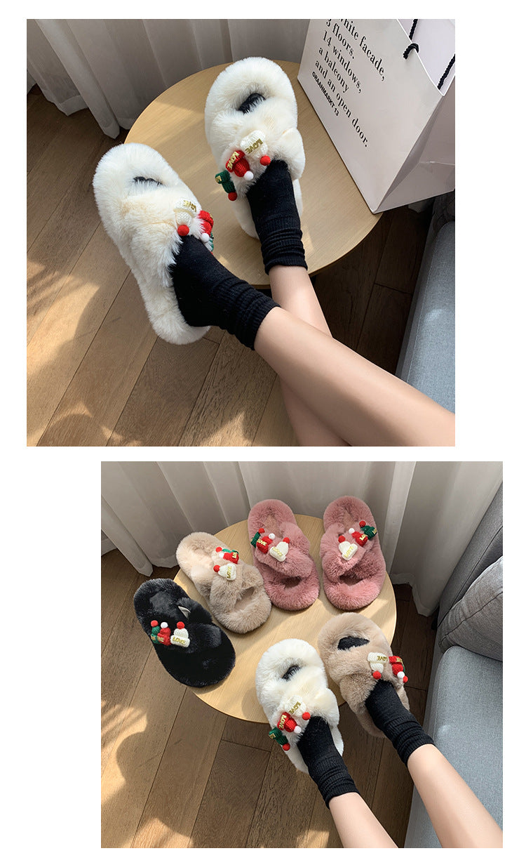 Christmas Fluffy Slippers for Women – Cozy Holiday-Themed Indoor Slippers with Cute Hat Charms - All Inclusive Family Treasures