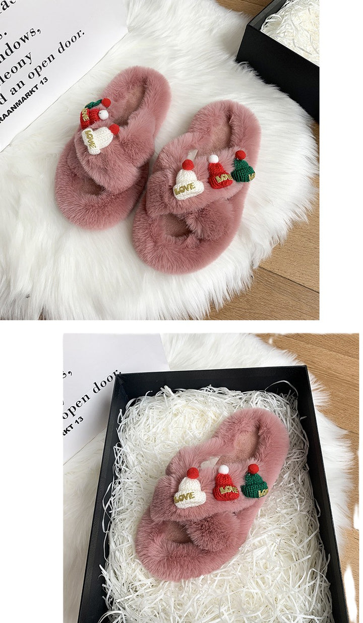 Christmas Fluffy Slippers for Women – Cozy Holiday-Themed Indoor Slippers with Cute Hat Charms - All Inclusive Family Treasures