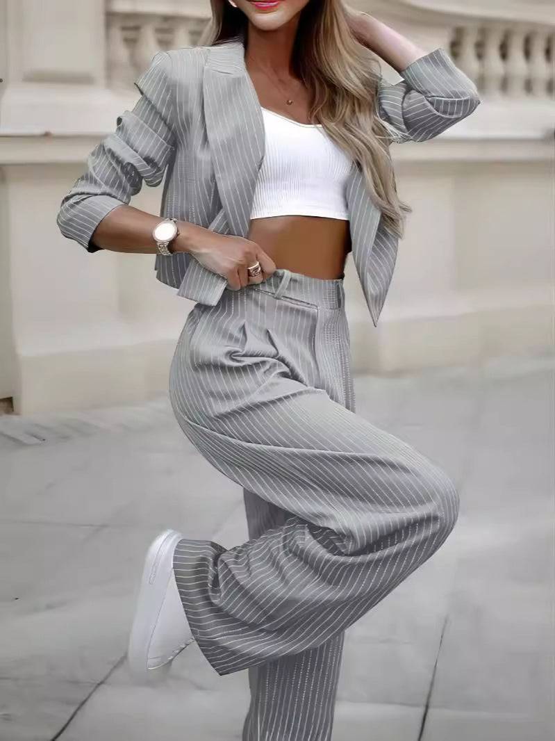 Fashion Striped Suit – Casual Lapel Cropped Top & Straight Pants Set for Women - All Inclusive Family Treasures