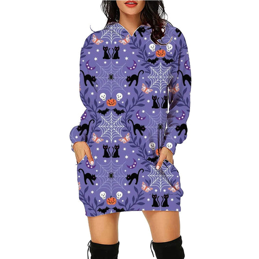 Halloween Print Long Hoodie with Pockets | Cozy Women's Sweater for Spooky Season - All Inclusive Family Treasures