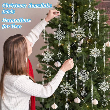 Acrylic Snowflake & Icicle Christmas Tree Ornaments – Set of 10 Elegant Hanging Pendants - All Inclusive Family Treasures