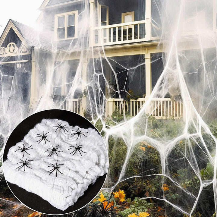 Realistic Halloween Spider Web with Creepy Crawling Spiders – Haunted House Décor