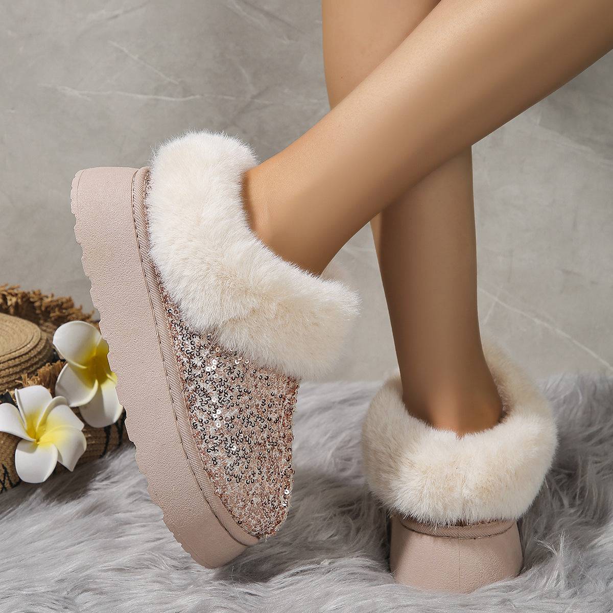 Glamour & Warmth: Fashion Sequined Plush Winter Slippers - All Inclusive Family Treasures