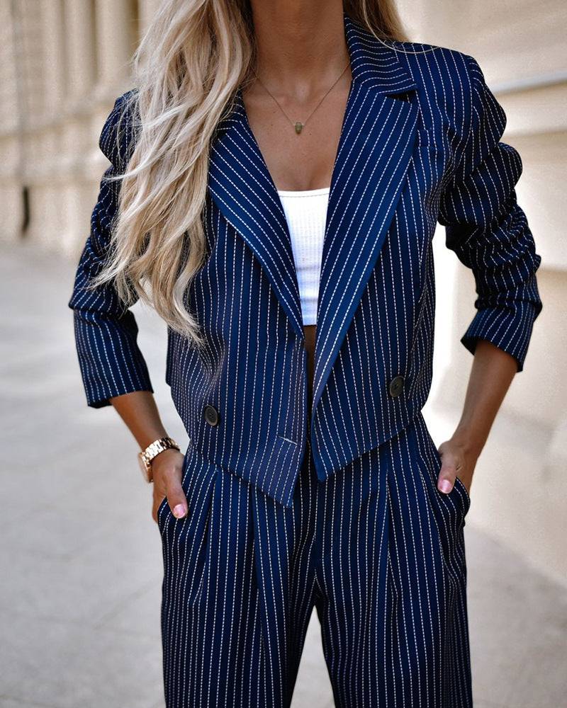 Fashion Striped Suit – Casual Lapel Cropped Top & Straight Pants Set for Women - All Inclusive Family Treasures