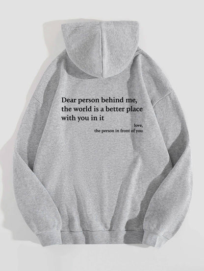 "Dear Person Behind Me" Letter Printed Plush Hoodie | Trendy Unisex Kangaroo Pocket Hoodie - All Inclusive Family Treasures