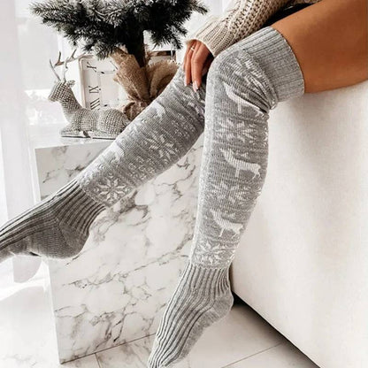 Elk & Snowflake Knitted Over-the-Knee Socks – Stay Warm in Style! - All Inclusive Family Treasures