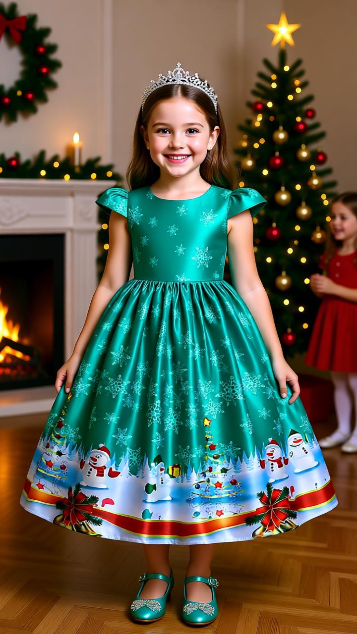 Santa Claus Print Long Dress for Girls - Holiday Charm in Every Detail