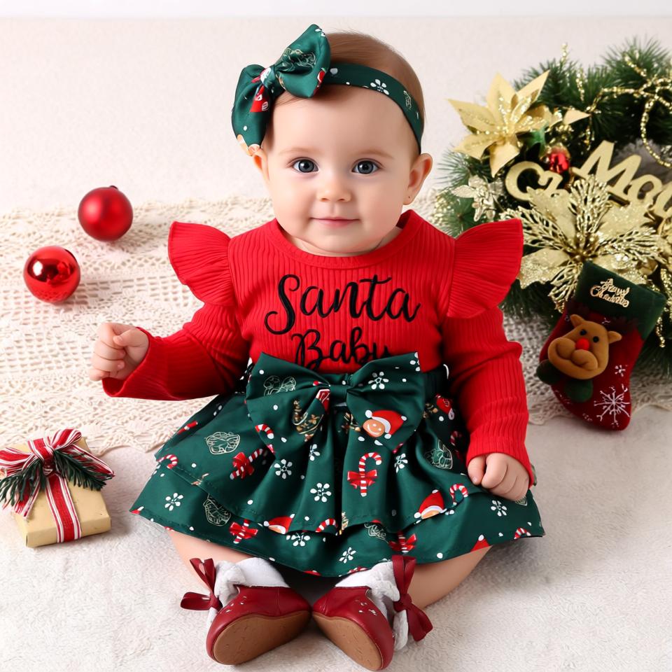 Baby Girls' Santa Baby Romper with Festive Skirt and Bow Headband - Adorable Christmas Outfit