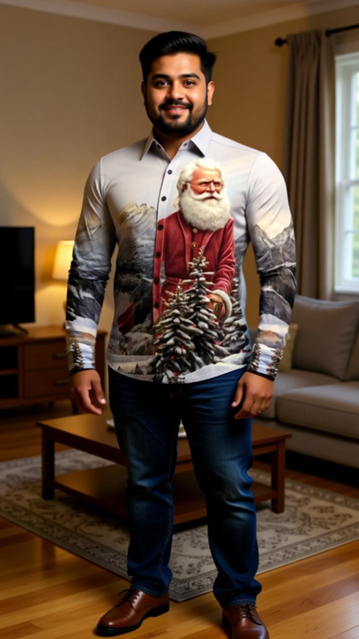 Santa Claus 3D Printed Christmas Shirt - Festive Digital Print Long Sleeve