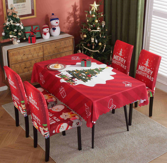 Festive Waterproof & Oil-Proof Christmas Tablecloth Set – Elegant Holiday Dining Decor with Chair Covers - All Inclusive Family Treasures