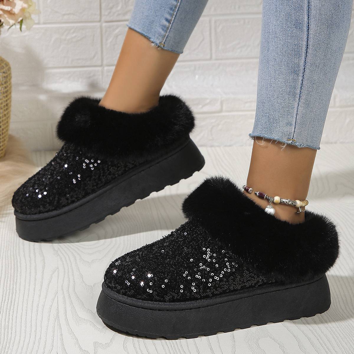 Glamour & Warmth: Fashion Sequined Plush Winter Slippers - All Inclusive Family Treasures