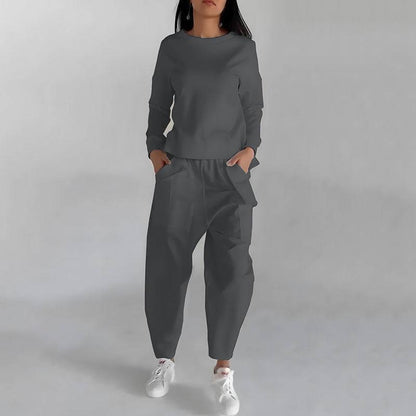 Solid Color Fashion Sweatshirt & Loose Trousers Set – Women's Long Sleeve Back Slit Top with Pockets - All Inclusive Family Treasures