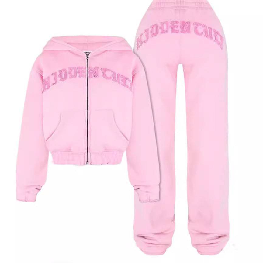 Ins Letter Sports Suit – Hooded Cropped Sweatshirt & Loose Drawstring Trousers for Women - All Inclusive Family Treasures