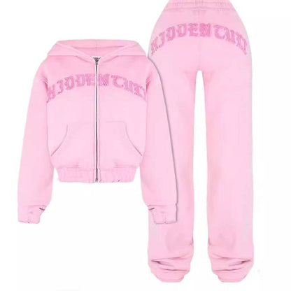 Ins Letter Sports Suit – Hooded Cropped Sweatshirt & Loose Drawstring Trousers for Women - All Inclusive Family Treasures