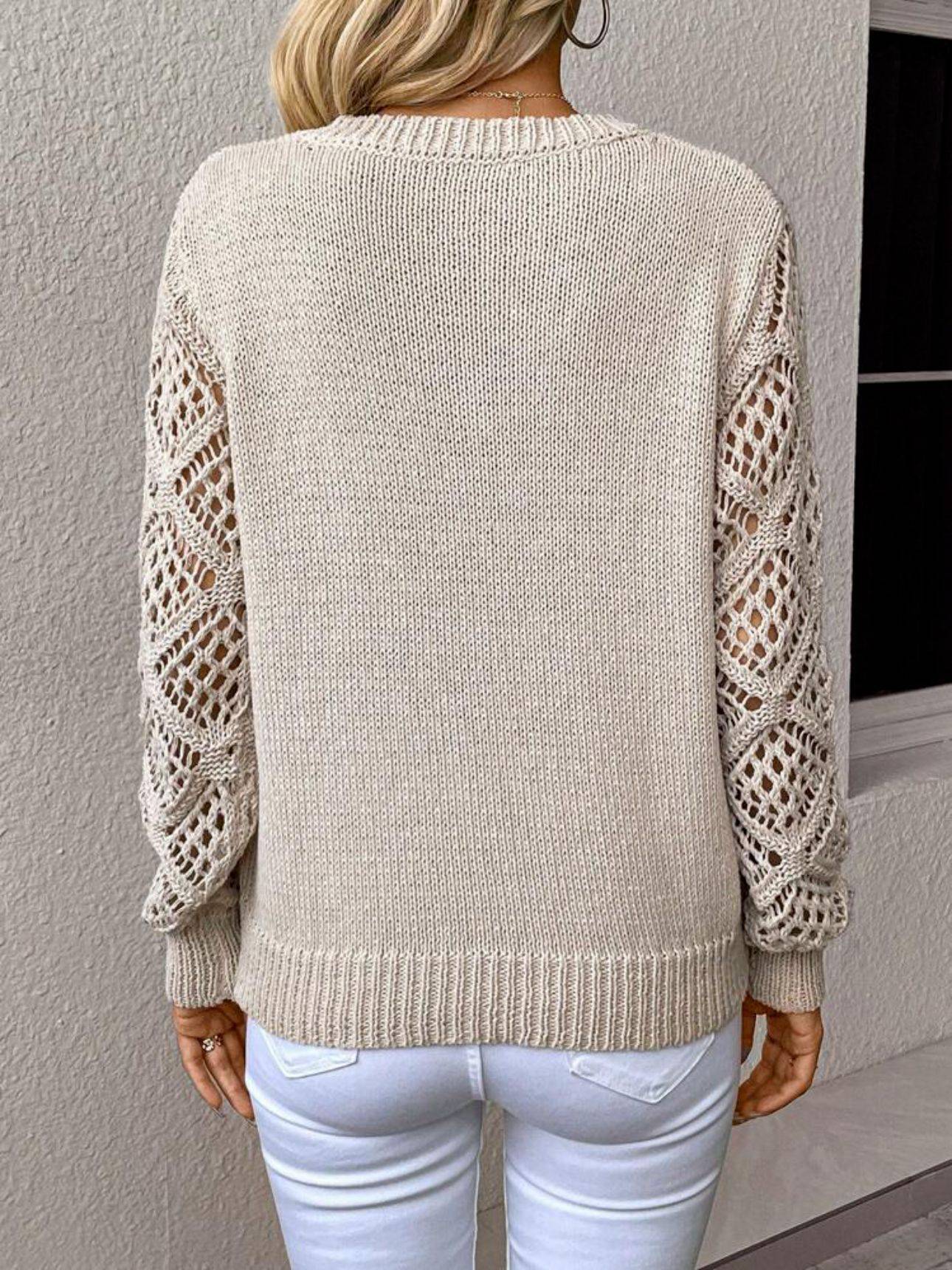 Elegant V-Neck Pullover Sweater – Hollow Long Sleeve Fashion Top for Women - All Inclusive Family Treasures