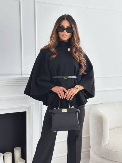 Elegant Stand Collar Batwing Sleeve Cloak Top with Belt - All Inclusive Family Treasures