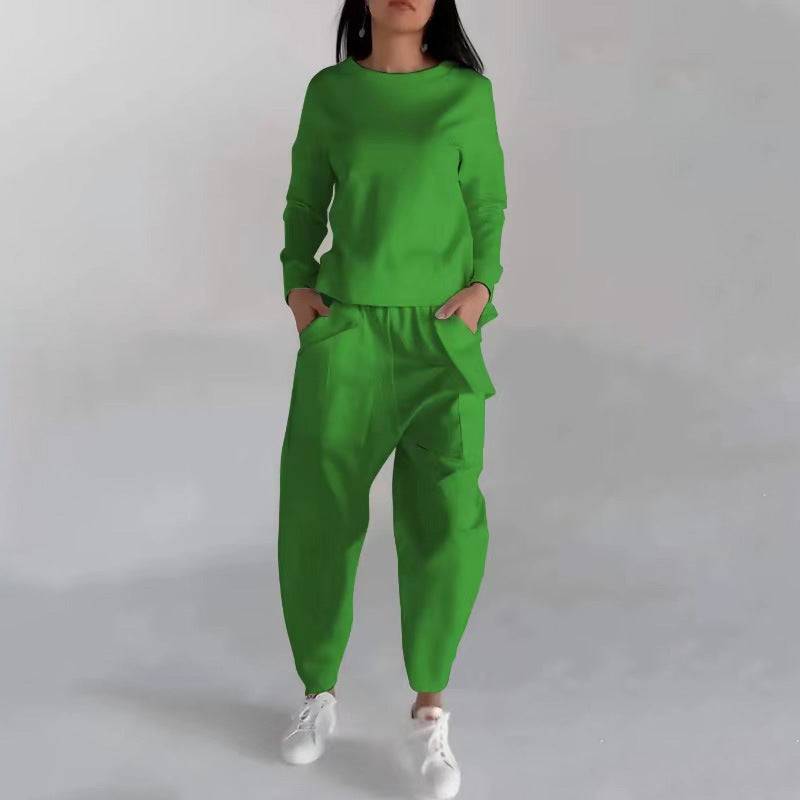 Solid Color Fashion Sweatshirt & Loose Trousers Set – Women's Long Sleeve Back Slit Top with Pockets - All Inclusive Family Treasures