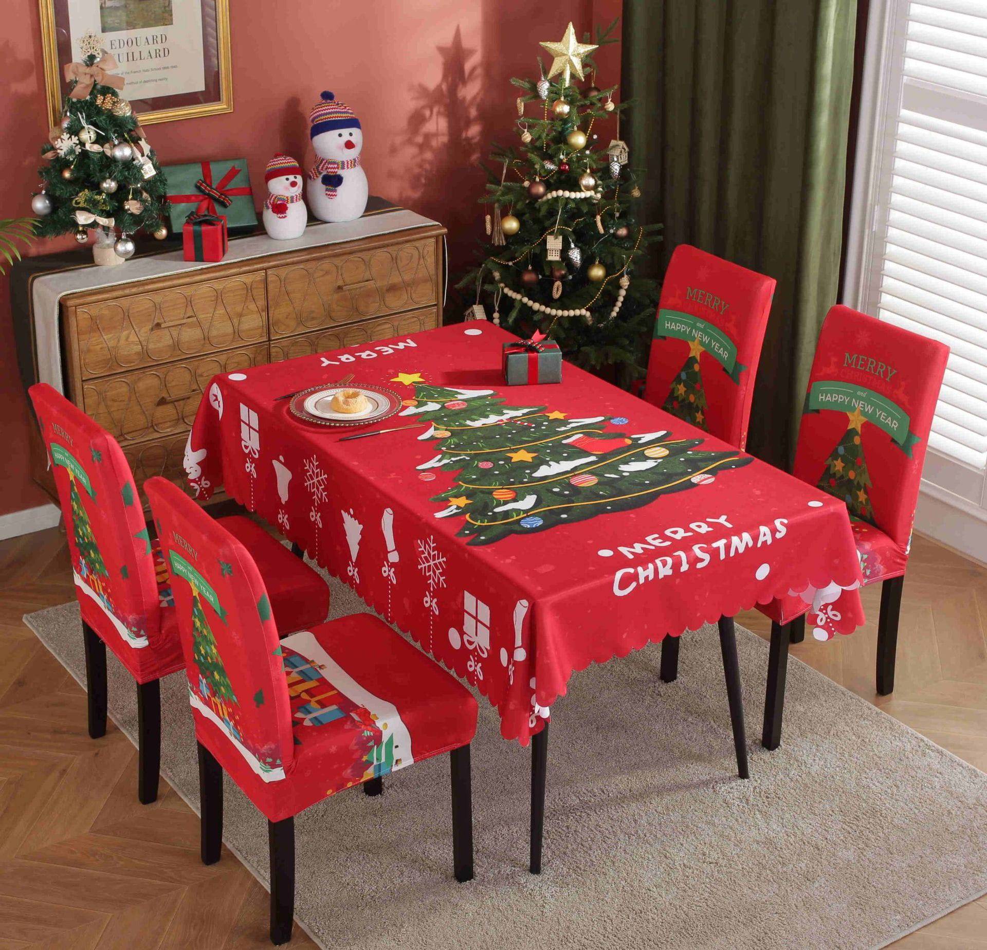 Festive Waterproof & Oil-Proof Christmas Tablecloth Set – Elegant Holiday Dining Decor with Chair Covers - All Inclusive Family Treasures