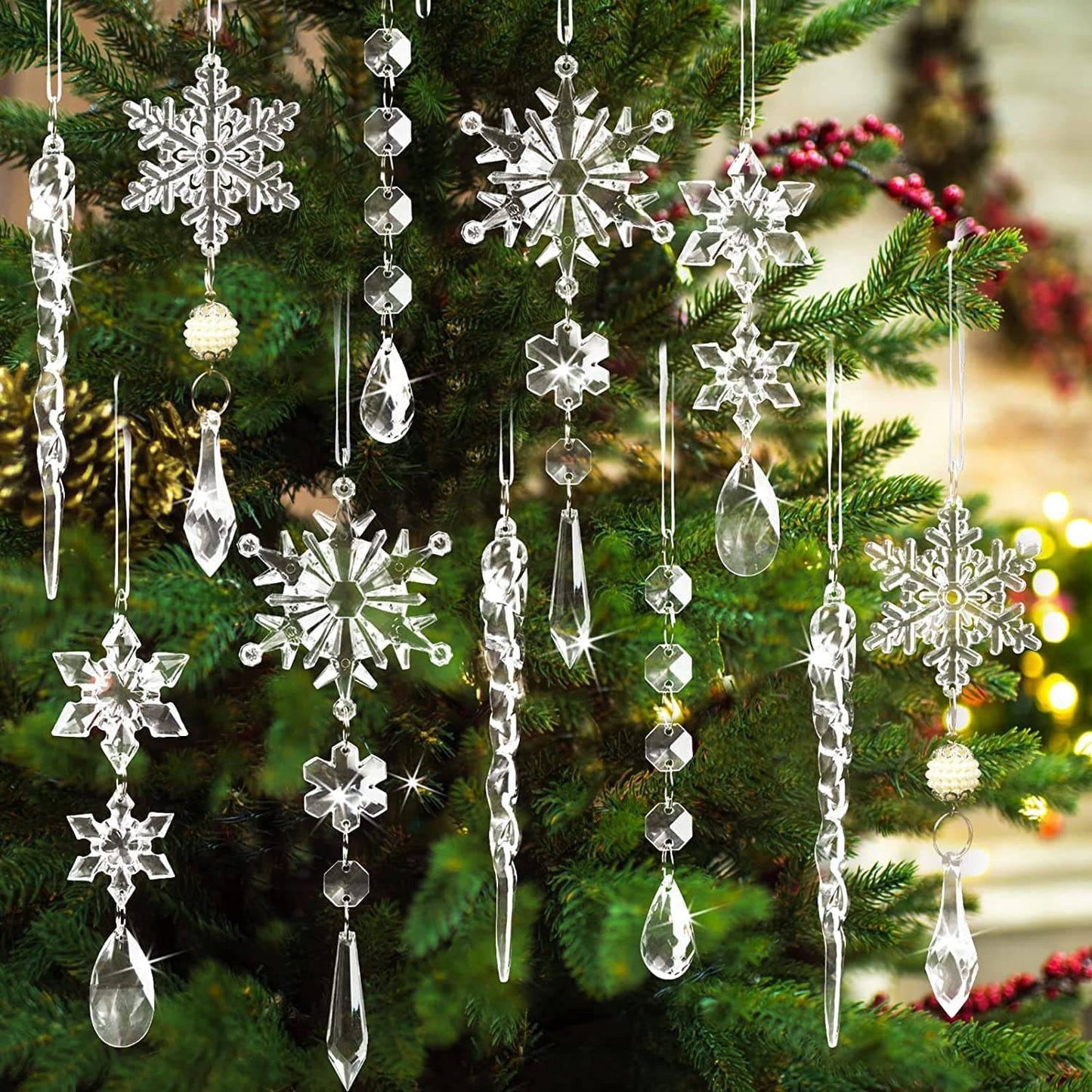 Acrylic Snowflake & Icicle Christmas Tree Ornaments – Set of 10 Elegant Hanging Pendants - All Inclusive Family Treasures