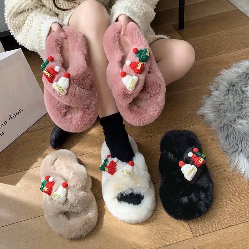 Christmas Fluffy Slippers for Women – Cozy Holiday-Themed Indoor Slippers with Cute Hat Charms - All Inclusive Family Treasures