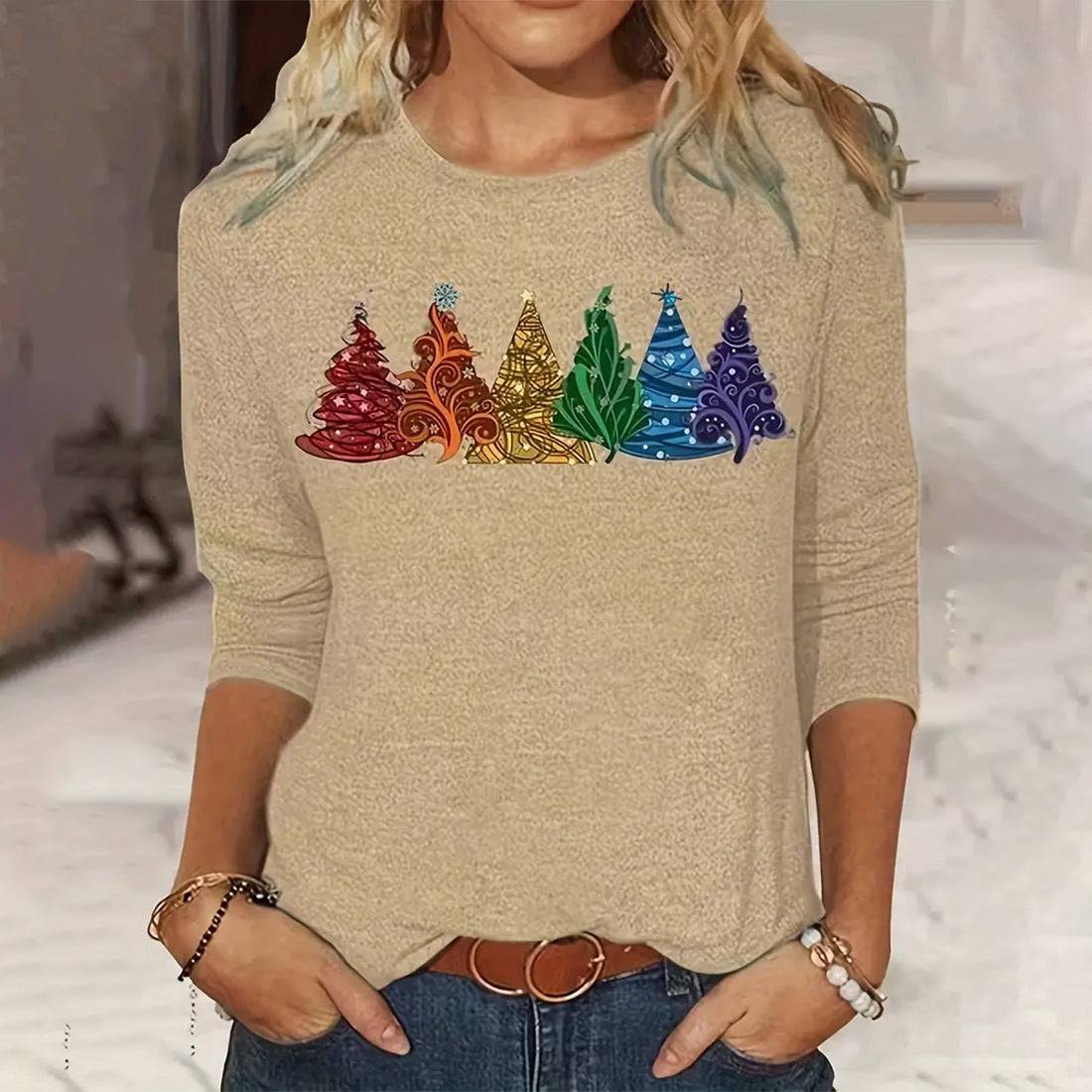 Festive Elegance: Women’s Christmas Tree Printed Long-Sleeve T-Shirt - All Inclusive Family Treasures