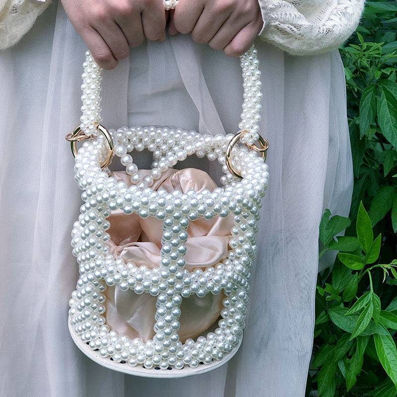 Beaded Pearl Bucket Bag – Elegant Hollow Round Handbag for Women - All Inclusive Family Treasures