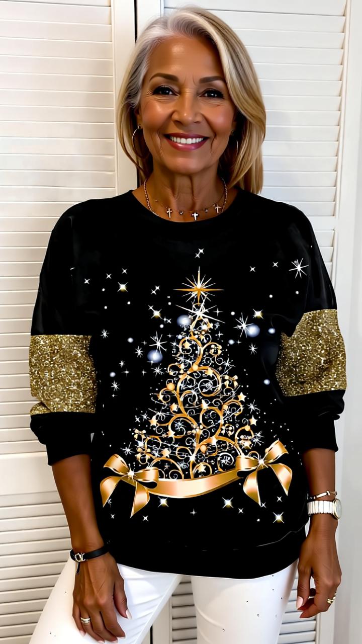 Sparkling Christmas Tree Print Loose Fit Top – Festive and Stylish Holiday Wear
