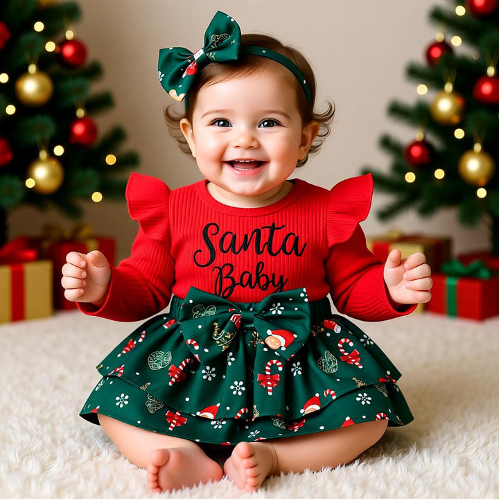 Baby Girls' Santa Baby Romper with Festive Skirt and Bow Headband - Adorable Christmas Outfit