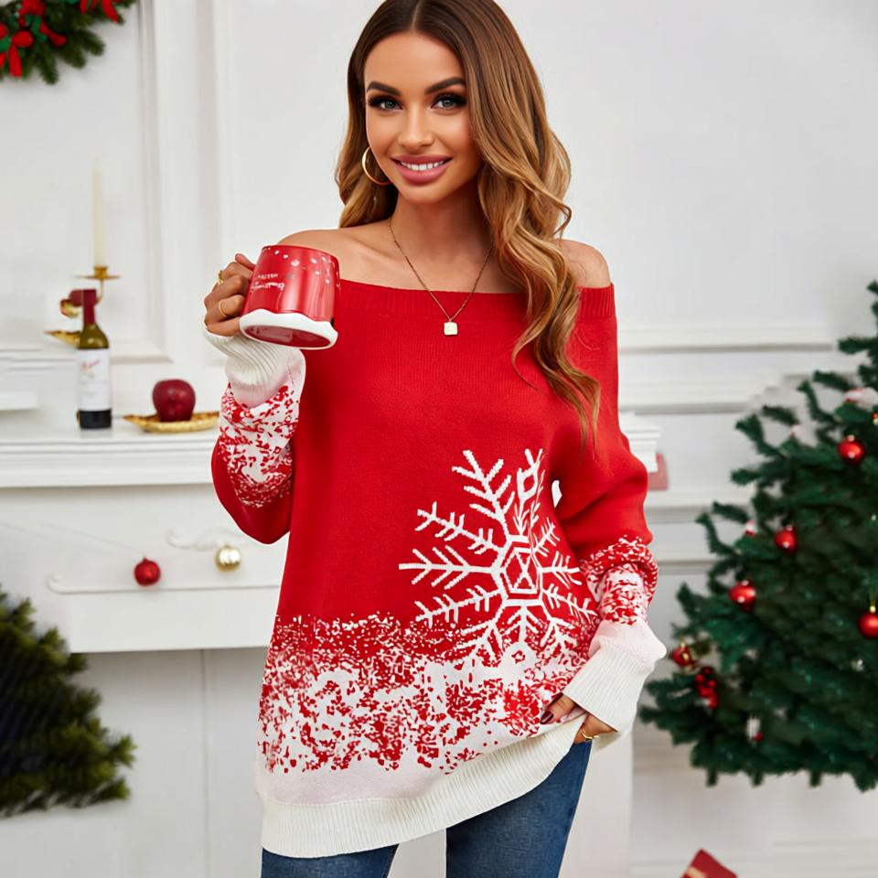 Chic Snowflake Off-Shoulder Christmas Sweater – Embrace Cozy Elegance!