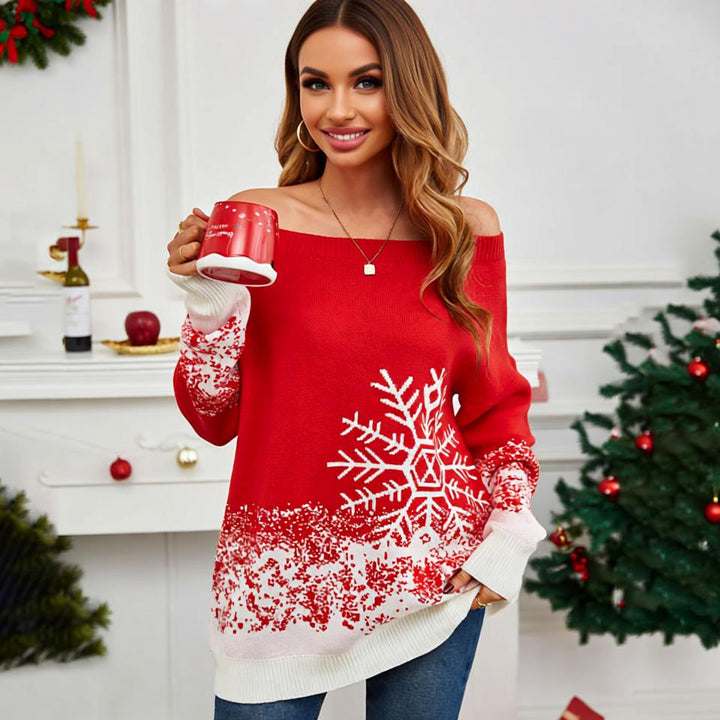 Chic Snowflake Off-Shoulder Christmas Sweater – Embrace Cozy Elegance!