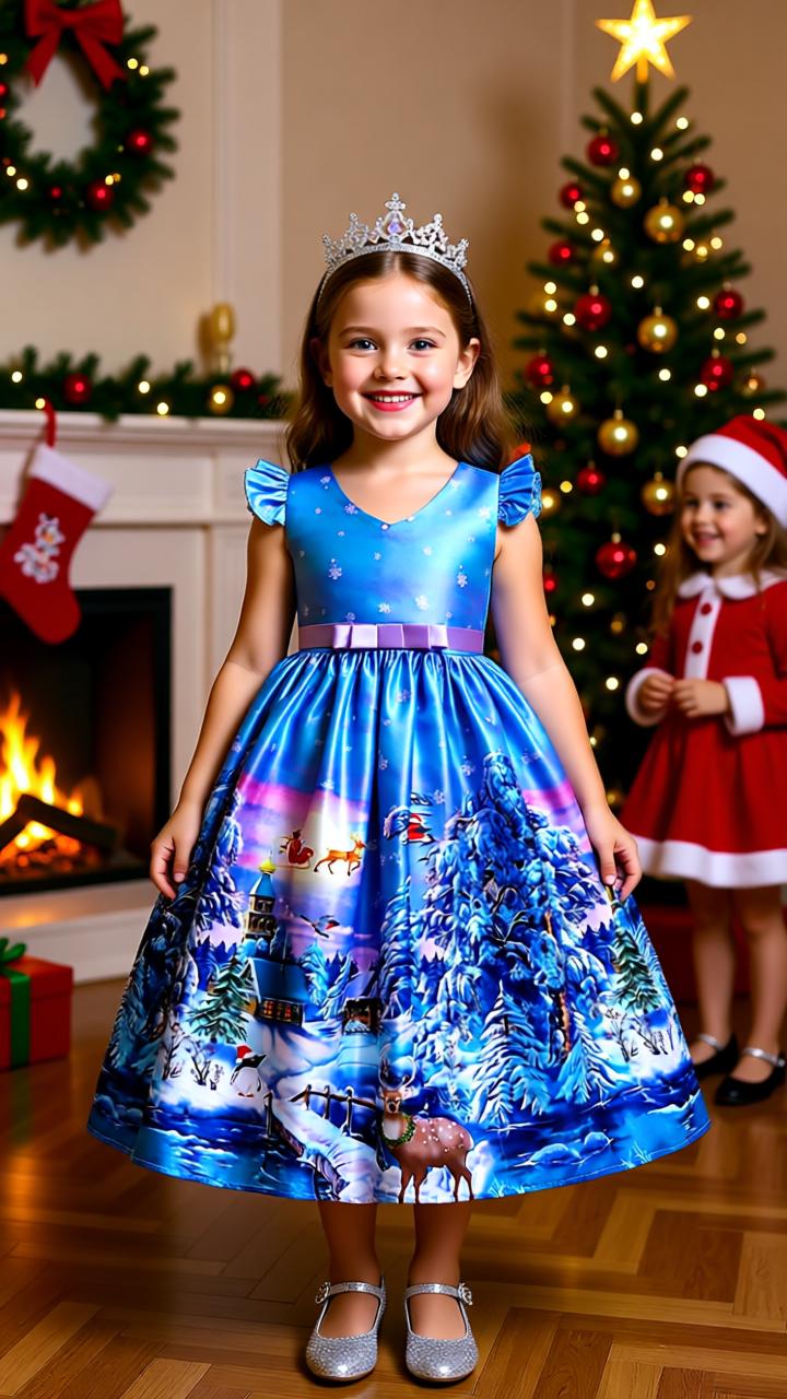 Santa Claus Print Long Dress for Girls - Holiday Charm in Every Detail