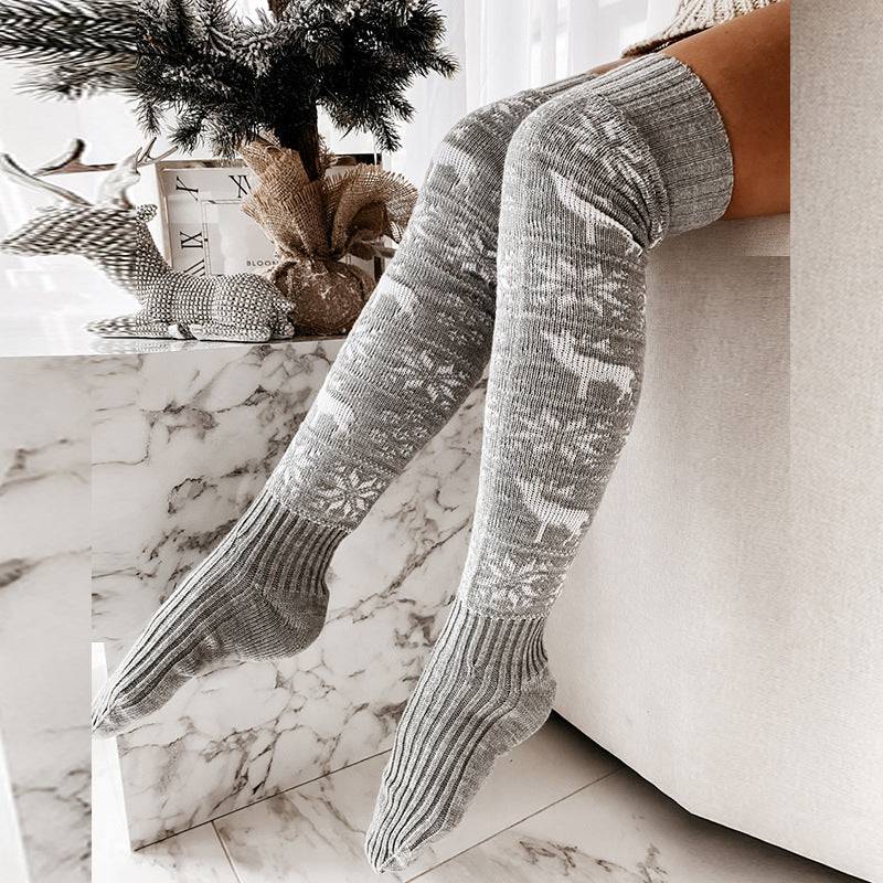 Elk & Snowflake Knitted Over-the-Knee Socks – Stay Warm in Style! - All Inclusive Family Treasures