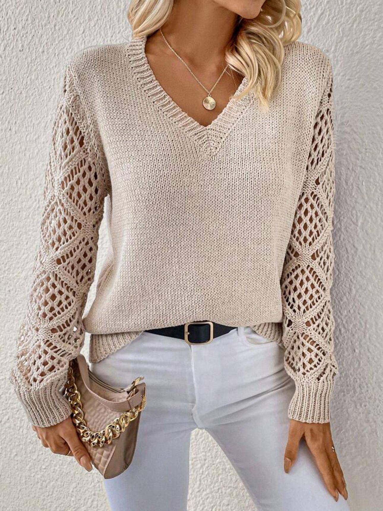 Elegant V-Neck Pullover Sweater – Hollow Long Sleeve Fashion Top for Women - All Inclusive Family Treasures