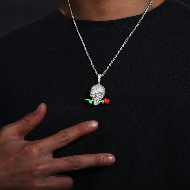 Luminous Skull Pendant with Rose – Statement Glow Necklace