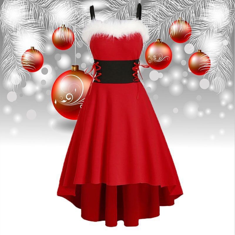 Santa Chic Lace Irregular Dress – Classic Holiday Glamour