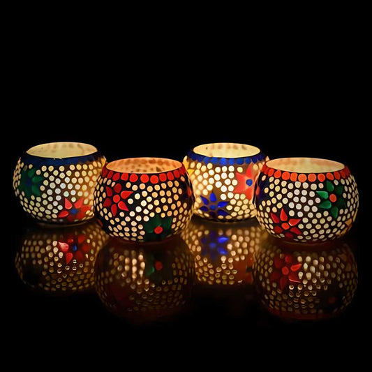 Mosaic Glass Tea Light Holders – Elegant Decorative Lights for Home & Festive Décor - Set of 4 - All Inclusive Family Treasures