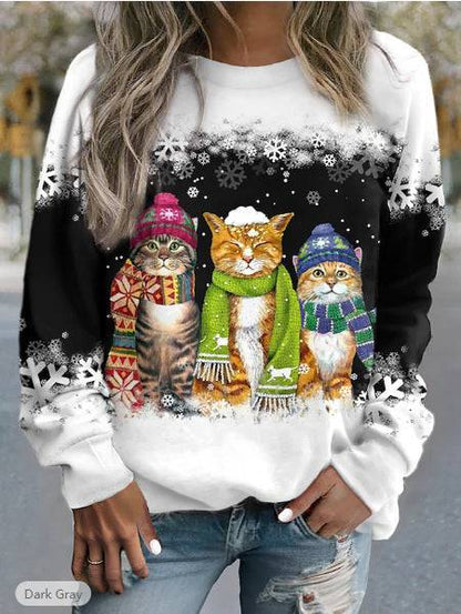 Cross-border Women's Christmas New Snowman And Cat Printed Long Sleeve Casual Loose-fitting T-shirt - All Inclusive Family Treasures