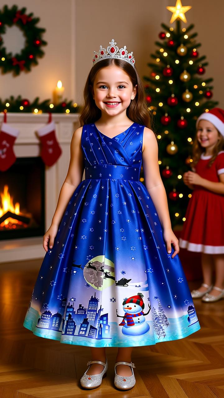 Santa Claus Print Long Dress for Girls - Holiday Charm in Every Detail