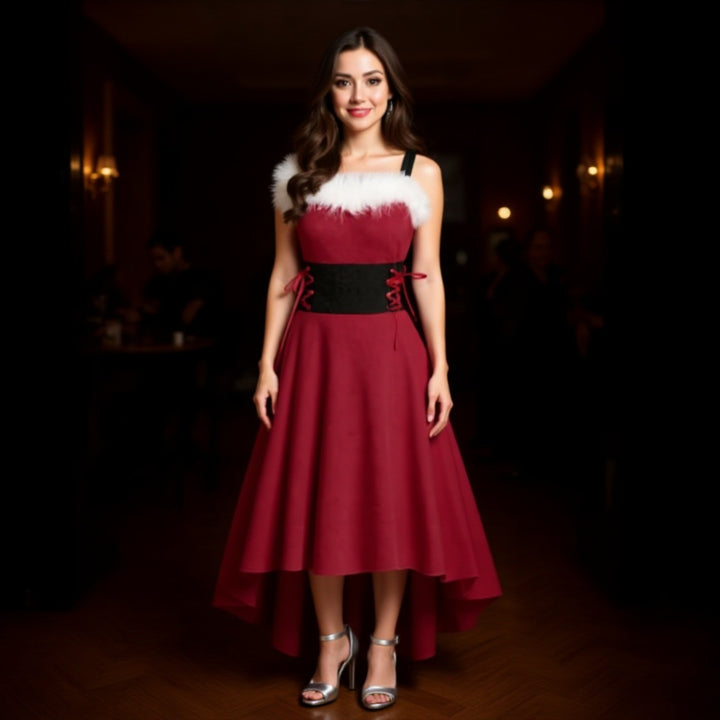 Santa Chic Lace Irregular Dress – Classic Holiday Glamour