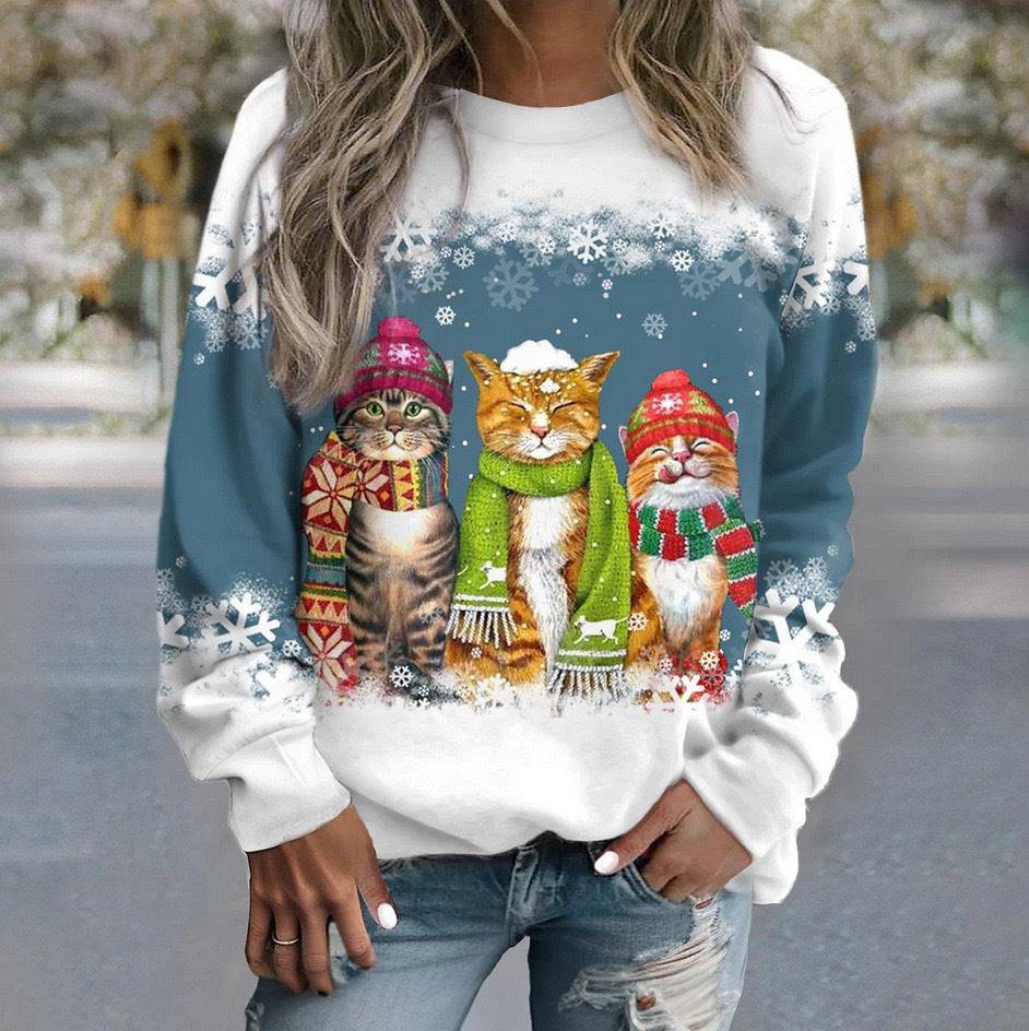 Cross-border Women's Christmas New Snowman And Cat Printed Long Sleeve Casual Loose-fitting T-shirt - All Inclusive Family Treasures