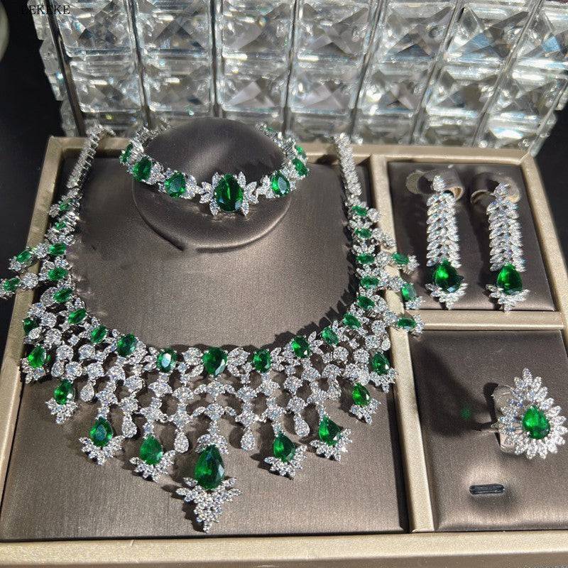 Exquisite Green Waterdrop Zircon Jewelry Set – Four-Piece Necklace, Earrings, Ring & Bracelet for Elegant Occasions - All Inclusive Family Treasures