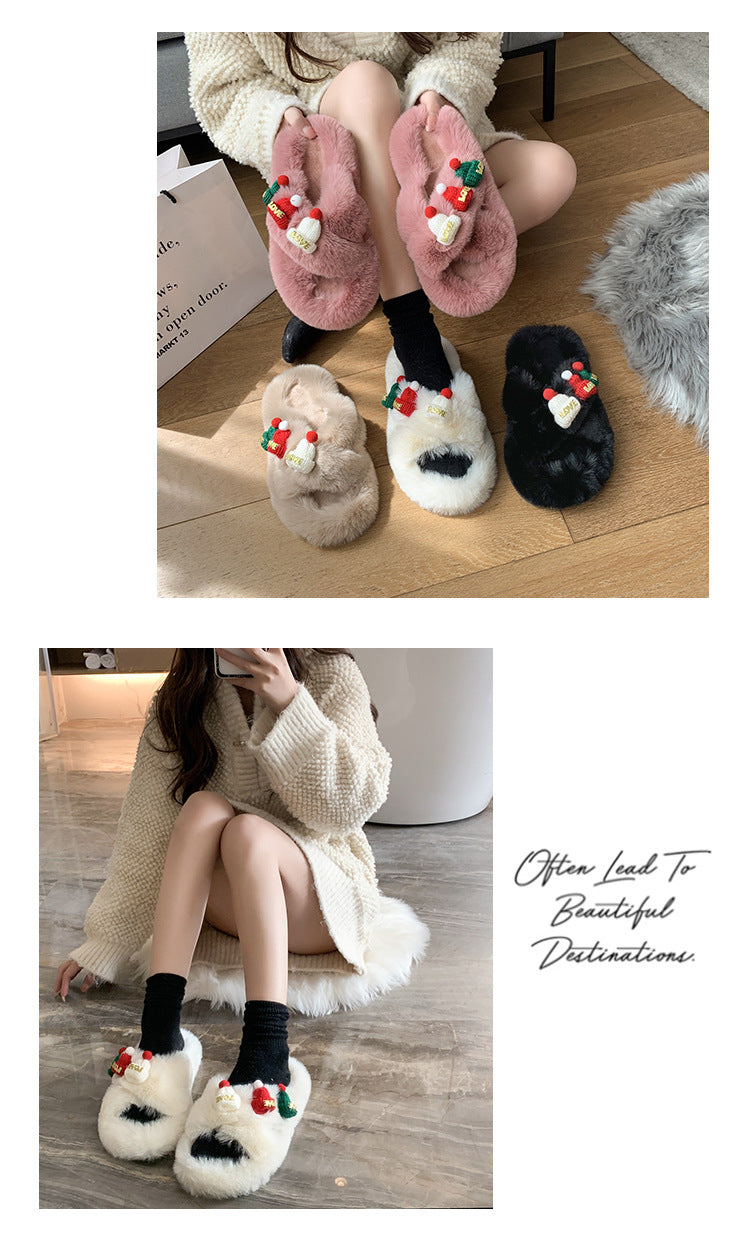 Christmas Fluffy Slippers for Women – Cozy Holiday-Themed Indoor Slippers with Cute Hat Charms - All Inclusive Family Treasures