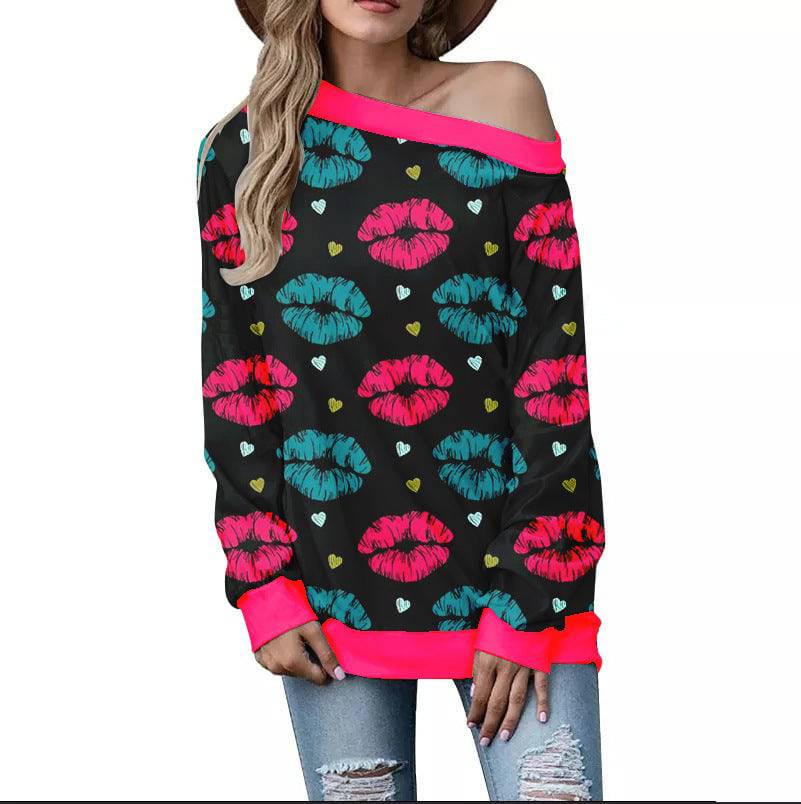 Off-Shoulder Sweater – Stylish Printed Long Sleeve Top - All Inclusive Family Treasures