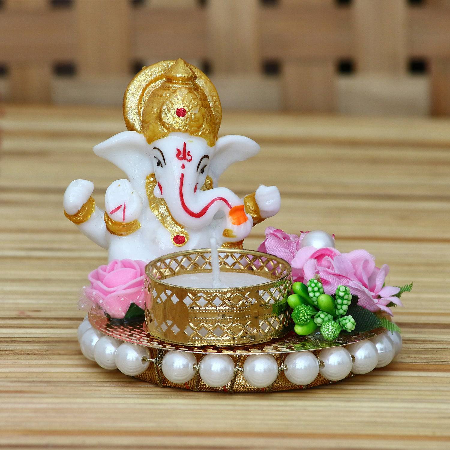 Lord Ganesha Idol with Decorative Plate & Tea Light Holder – Perfect for Festive Décor & Gifting - All Inclusive Family Treasures