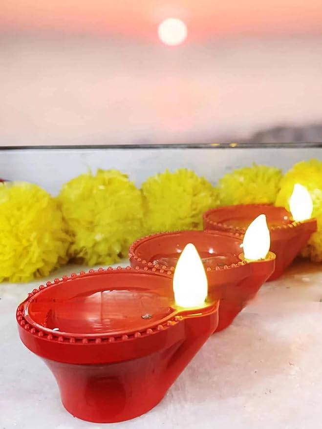 Water Sensor E-Diya – Warm Orange LED Candle Diyas for Diwali Decoration (Pack of 12) - All Inclusive Family Treasures