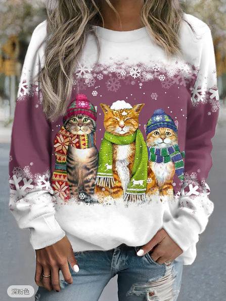 Cross-border Women's Christmas New Snowman And Cat Printed Long Sleeve Casual Loose-fitting T-shirt - All Inclusive Family Treasures