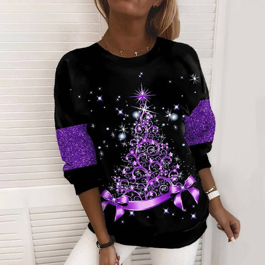 Sparkling Christmas Tree Print Loose Fit Top – Festive and Stylish Holiday Wear - All Inclusive Family Treasures