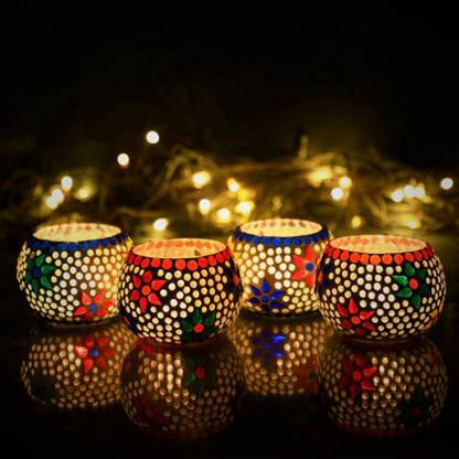 Mosaic Glass Tea Light Holders – Elegant Decorative Lights for Home & Festive Décor - Set of 4 - All Inclusive Family Treasures